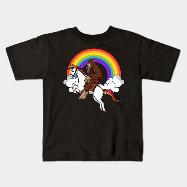 Bigfoot Riding Unicorn Kids T-Shirt by underheaven